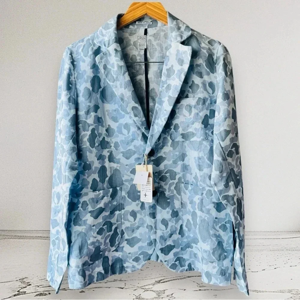 Japanese Linen Mens Blue Camouflage 2pc Matching Set Blazer and Short Size M